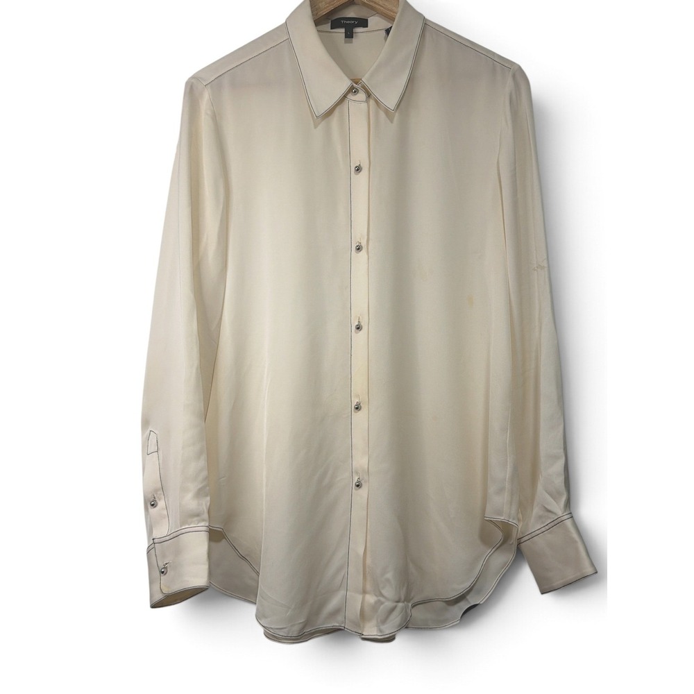 Theory Ivory 100% Silk Blouse Contrast Stitch Silver Ball Buttons Size L